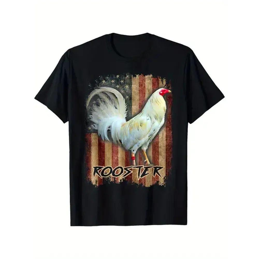 Cotton Short Sleeve T-Shirt Retro Fashion Cotton T-Shirt for Eid, Street Hipster Theme Patriotic Rooster and American Flag Print T-shirt, Men'S Casual and Comfortable Crewneck Loose T-shirt Plus Size, Easter, St. Patrick'S Day,