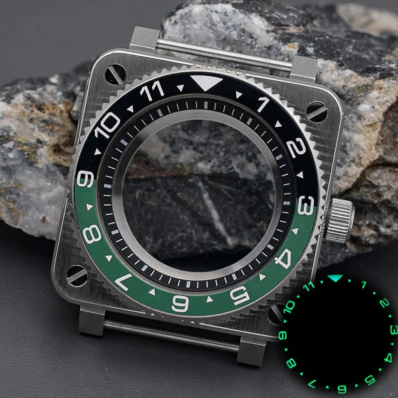 SKX007 Silver Square Case with Green Luminous Men Watch For NH35 NH36 movement Seiko Mod Pilot Cockpit Case Steel Bezel Insert