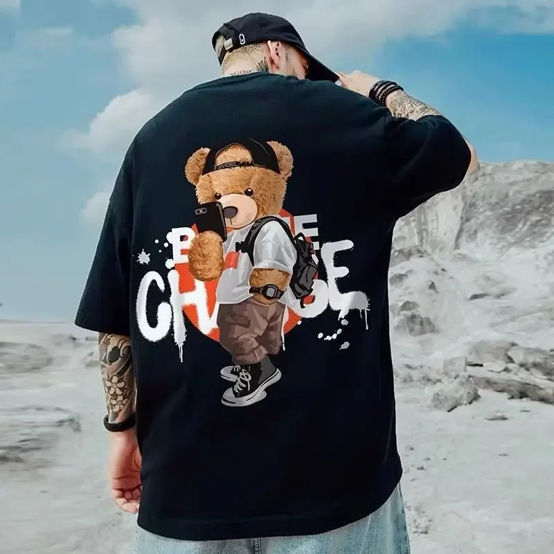 ฤดูร้อนตลก Selfie Bear พิมพ์เสื้อ T สั้นสำหรับผู้ชายเสื้อ Punk Hip Hop เสื้อยืด Vintage Crewneck เสื้อ Y2K Streetwear เสื้อ