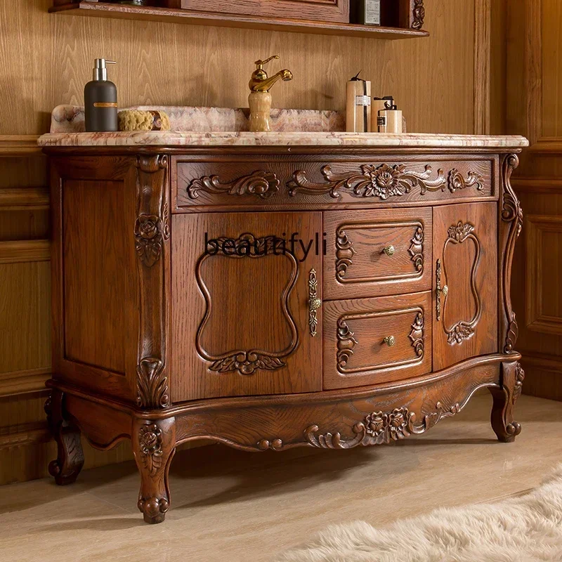

11841European-Style Solid Wood Bathroom Cabinet Red Oak Bathroom Cabinet Bathroom Wash Basin Washbasin Mirror Cabinet Combinatio