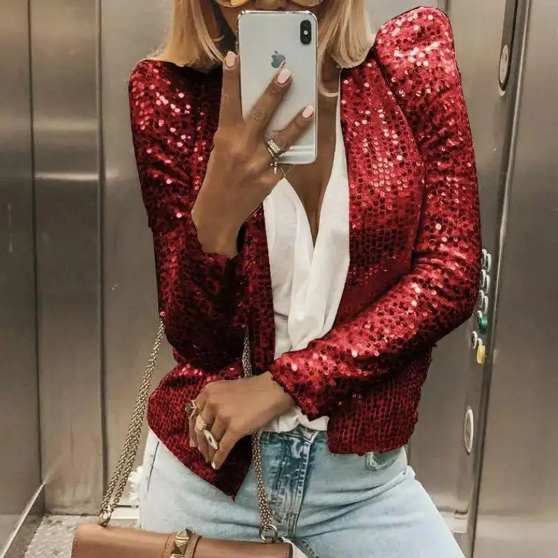 

Spring 2024 Women's Faion ort Casual iny Sequin Patchwork Collar Outerwear Polyester Fiber Long Sve Open Cardigan