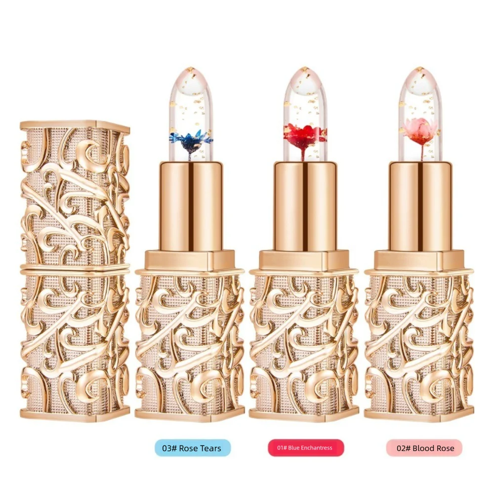 Lápiz labial hidratante transparente, textura de gelatina sensible a la temperatura, brillo de labios que cambia de Color, flor en el interior de larga duración