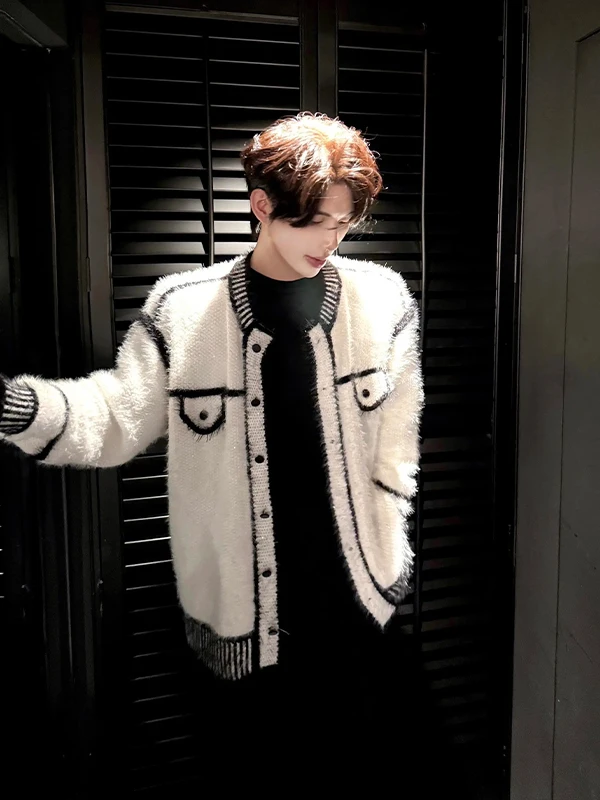 

Мужской вязаный кардиган Laid-ba Sle Color Blo Plu, осенний, утяжеленный, в корейском стиле, премиум-класса, с круглым вырезом, свитер-жакет