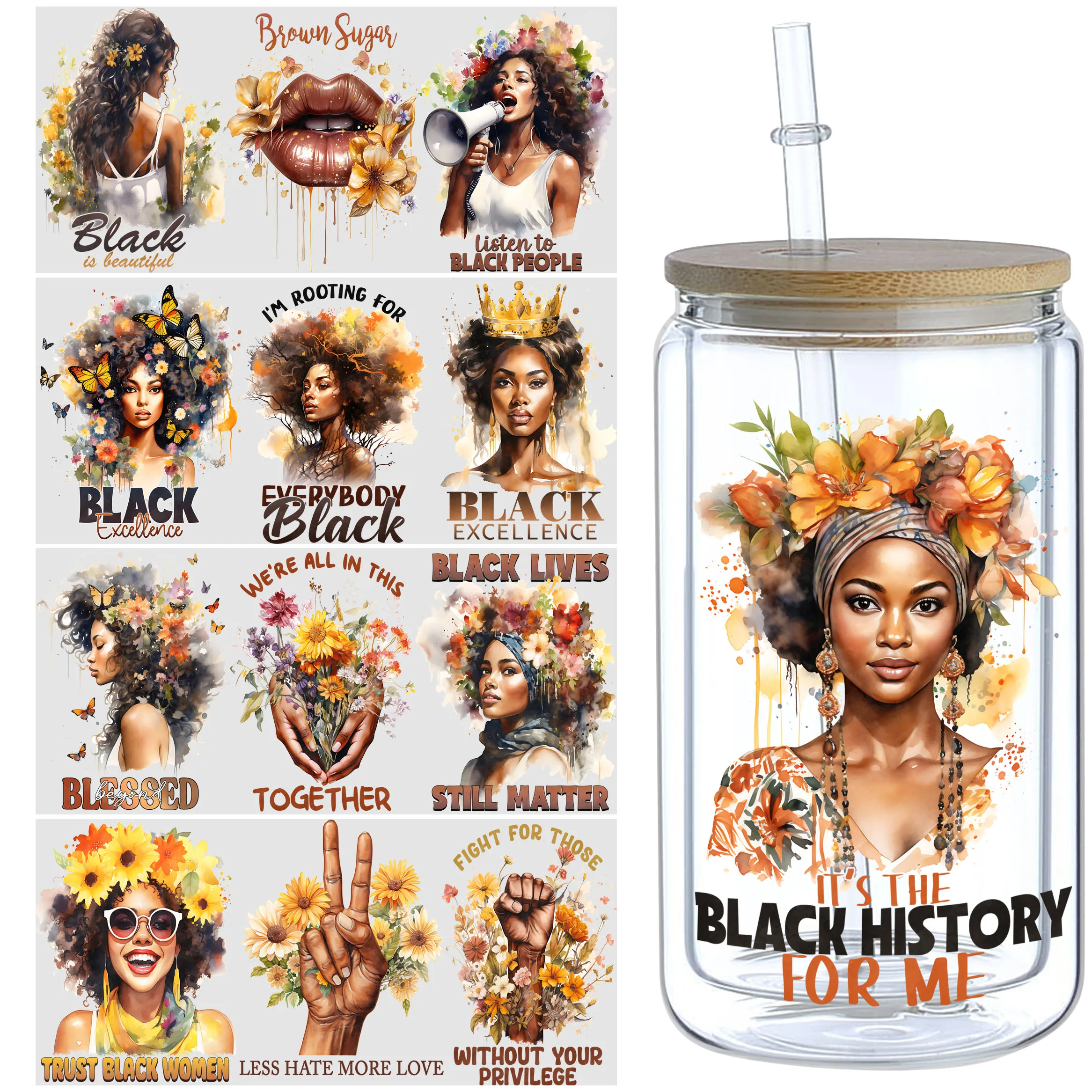 5 Sheets Black Queen UV DTF Cup Stickers, Glass DTF Transfer Stickers, Waterproof Wipe Transfer Paper for 16 oz Glass, Mugs