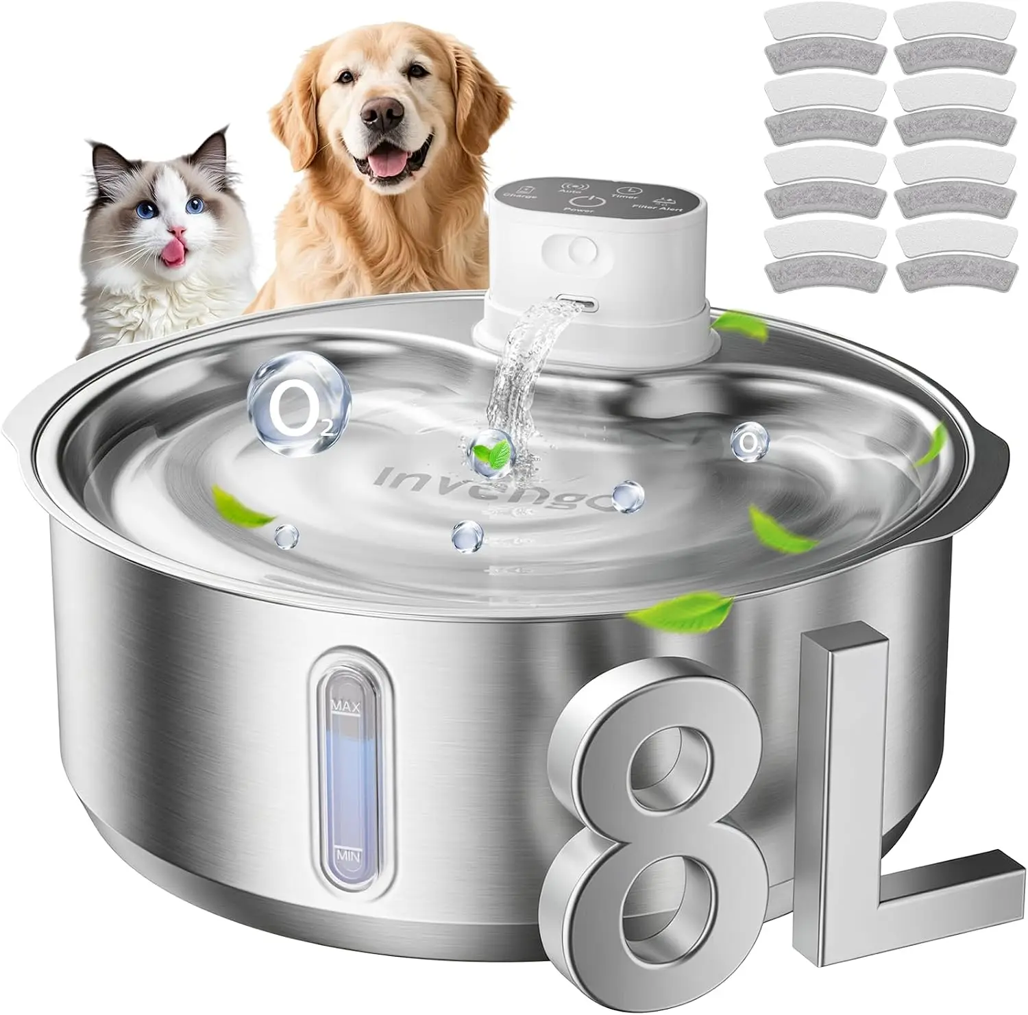 8L/270oz Cordless Stainless Steel Dog Water Fountain, 8 Filters | 5000mAh Wireless 45-Day Standby, Infrared Sensing 1.2m / 120°