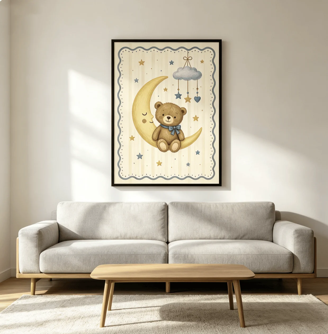 Cute Teddy Bear On Crescent Moon Canvas Prints, Star Cloud Mobile Illustration Posters, Soft Nursery Kids Room Home Decor
