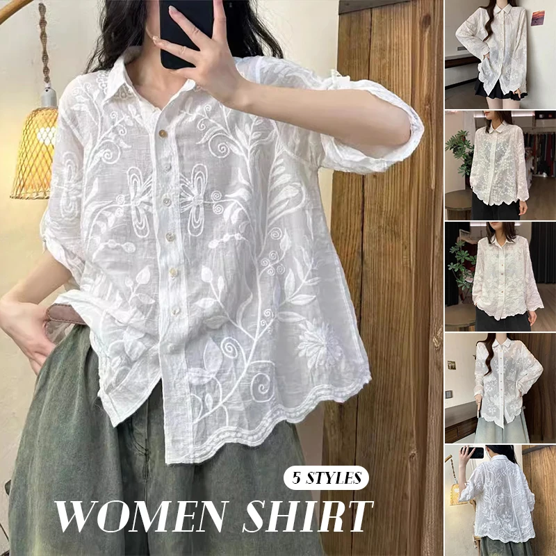 

2025 Ins Spring New Women's Lapel Japanese Cotton Linen Shirt Loose-Fit Top Cardigan Embroidery Artistic Style Women Top