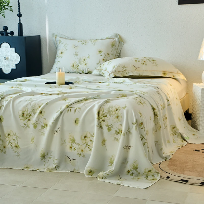 Floral Leaves printed Silky Soft and Cooling Bed Sheet set 3Pcs Comfortable Flat sheet 2Pillowcases Wrinkle Resistant