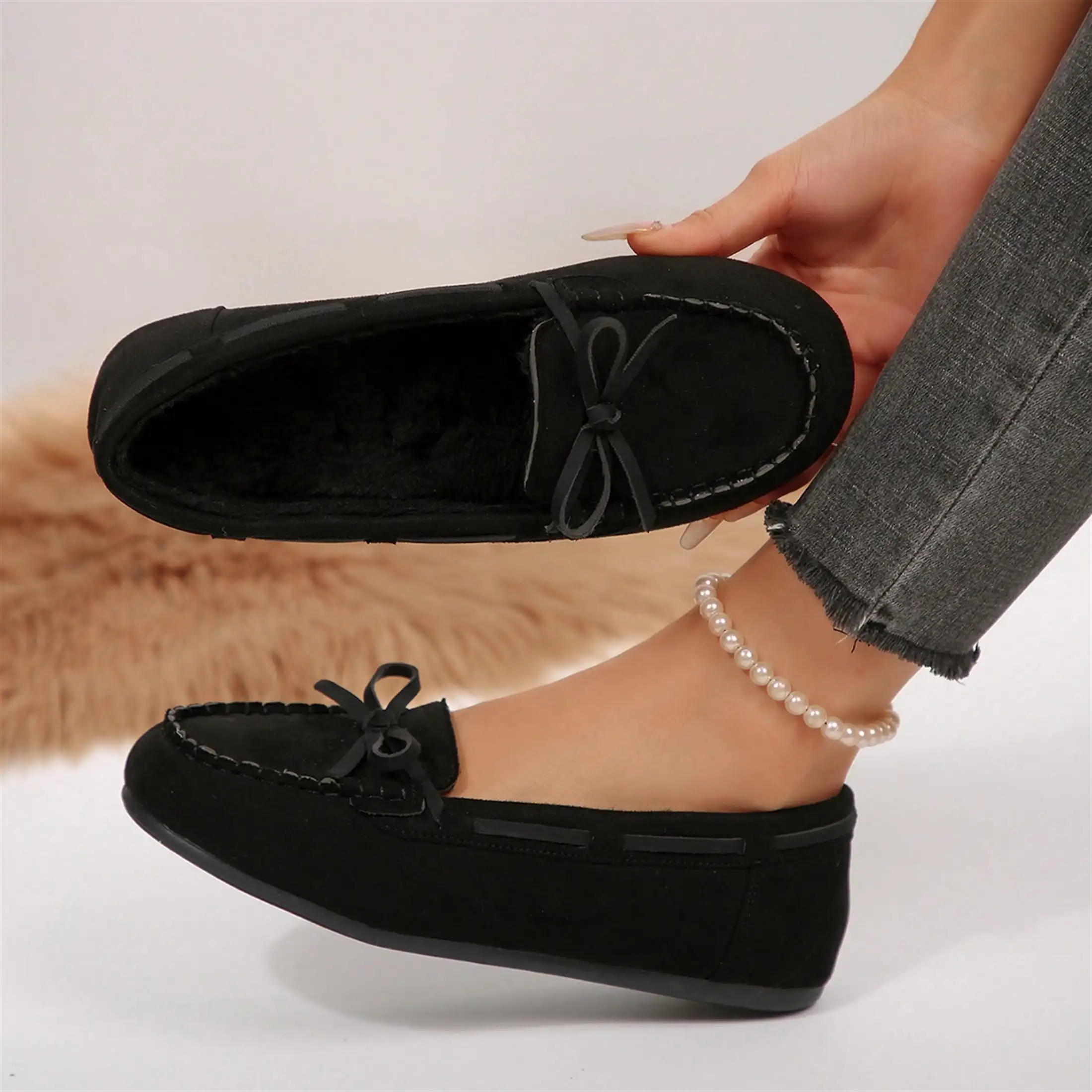 Foam Faux PU Leather Fuzzy Flurry Trim Metal Buckle Womens Winter Warm Solid Color Fashion Casual Shoes Loafers Flats Slippers