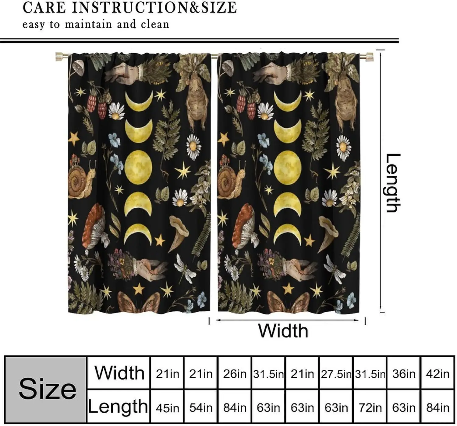 Dark Academia Botanical Moon Phase Forest Life Floral Insect Pattern Curtains Drapes Aesthetic Boho Woodland Window Curtain