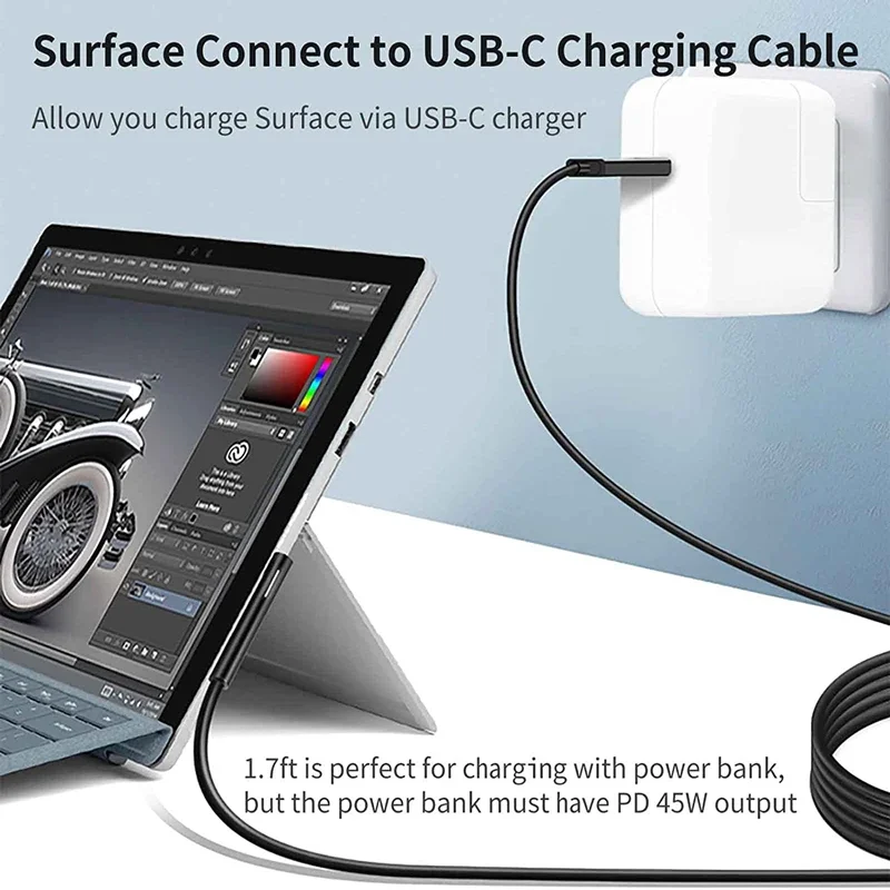 1.5M USB-Cชายพื้นผิวชายสายชาร์จPD 15V/3A 45Wใช้งานร่วมกับSurface Pro 7/6/5/4/3 go3/2/1 Laptop4/3/2/1