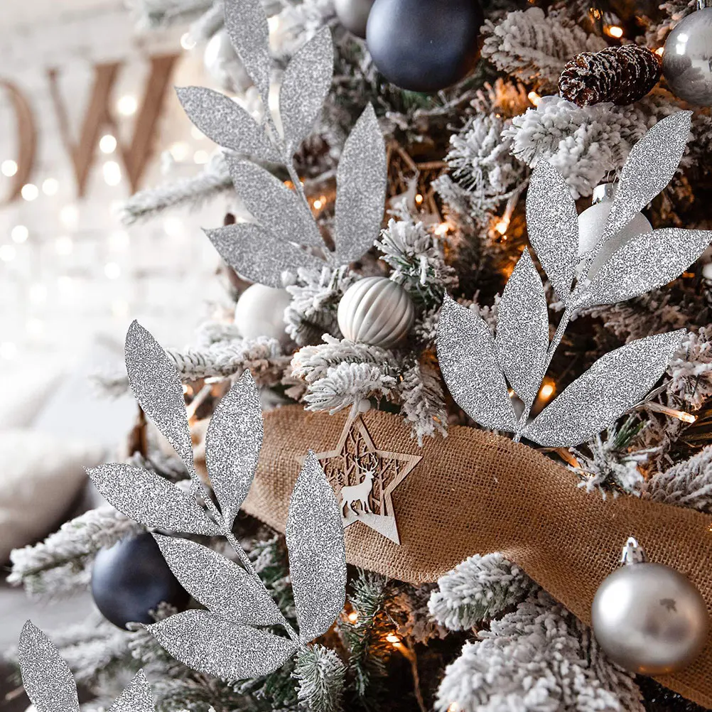 

10Pcs Christmas Floral Picks Glitter Leaves Xmas Tree Picks Party Decorations DIY Ornaments Christmas Tree Pick Leaves