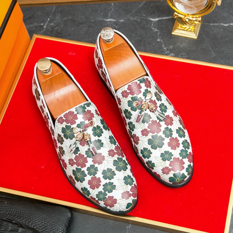 New Flower Printing Casual Leather Shoes Men Wedding And Party Men's Original Slip-On Loafers Soft Driving Shoes Plus Size 38-46