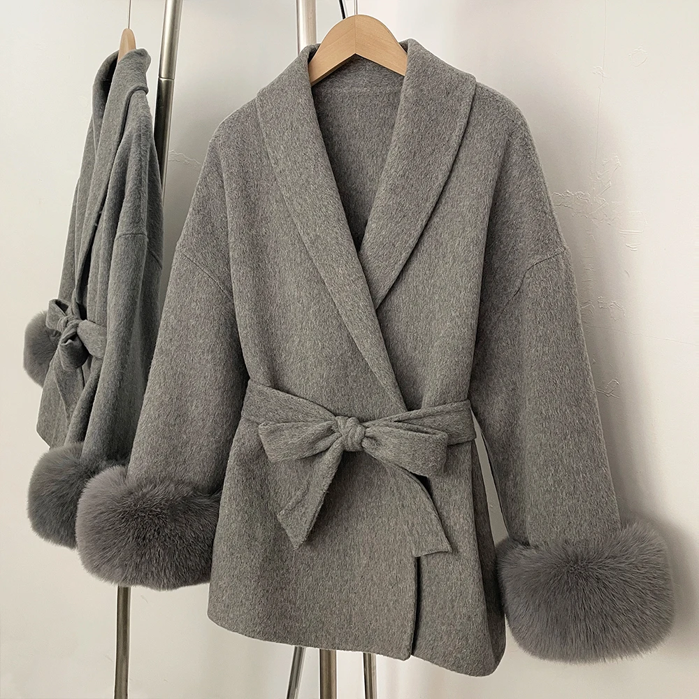 Wool Jacket Fake Fox Fur Wool Coat Fashion Women Faux Fur Coat Overcoat Patchwork Faux Fur Women Woolen Coat Autumn Spring
