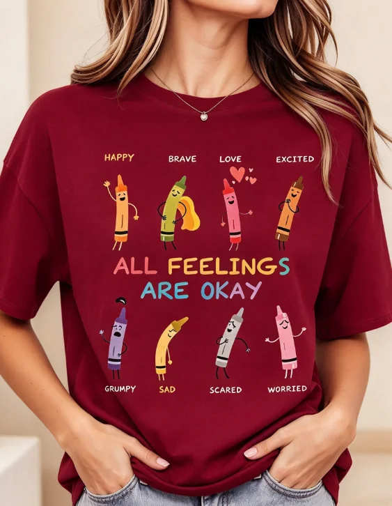 2026 New Women Crayon Emotions All Feelings Are Okay Graphic Print T Shirt Funny Vintage Loose Breathable Summer Casual Outfit Basic Top T Shirt