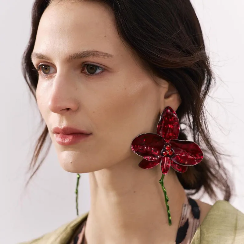 HUANZHI Red Large Flower Exaggerated Oil Dripping Enamel Chunky Earrings for Women Girls Green Stem Spanish Alloy Jewelry Gifts