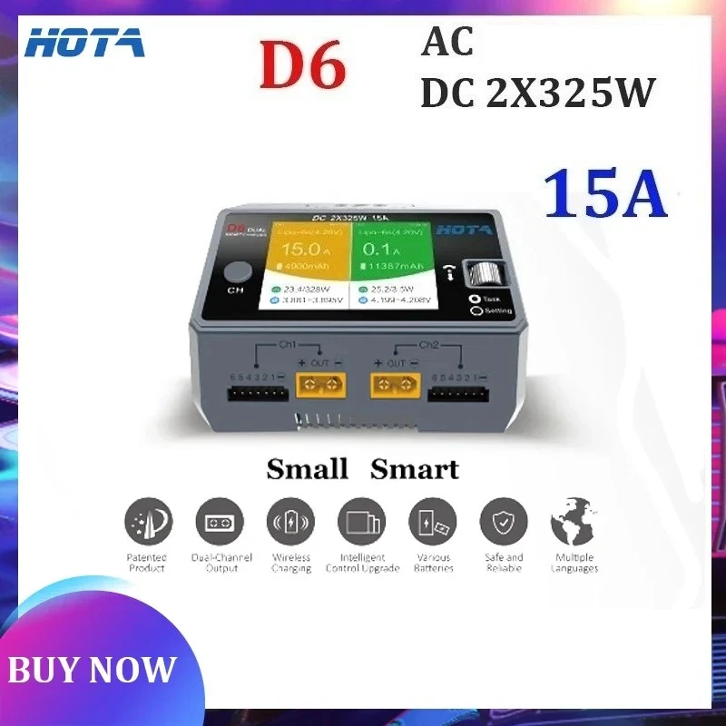 HOTA D6 DC650W 15A Dual Smart Charger Maximum current 1600mA Built-in Micro USB for 1-6S Lipo LiHV/NiZn/Nicd/NiMH Battery