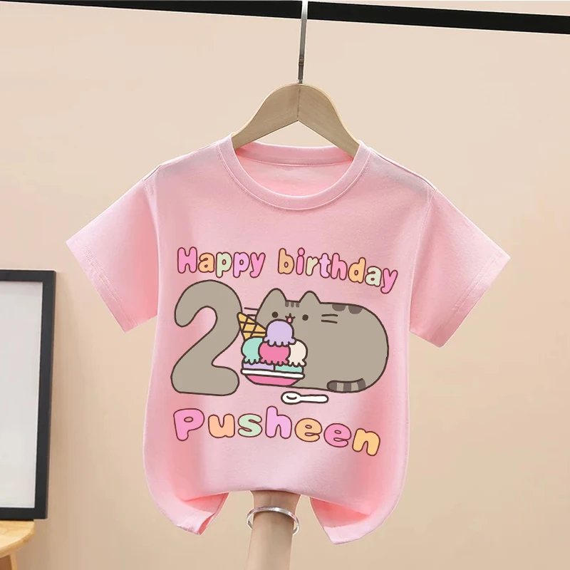 Pusheens Girls Birthday T-shirt New Kawaii Cat Cotton Tees Children Summer Clothes Kids Fashion Tops Short Sleeve Gift Hot Sales