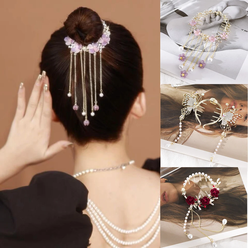 Haimeikang Korean Rhinestone Tassel Hair Claw Crabs Butterfly Hair Bun Clips Hairpin For Women Ponytail Fashion Hair Accessories