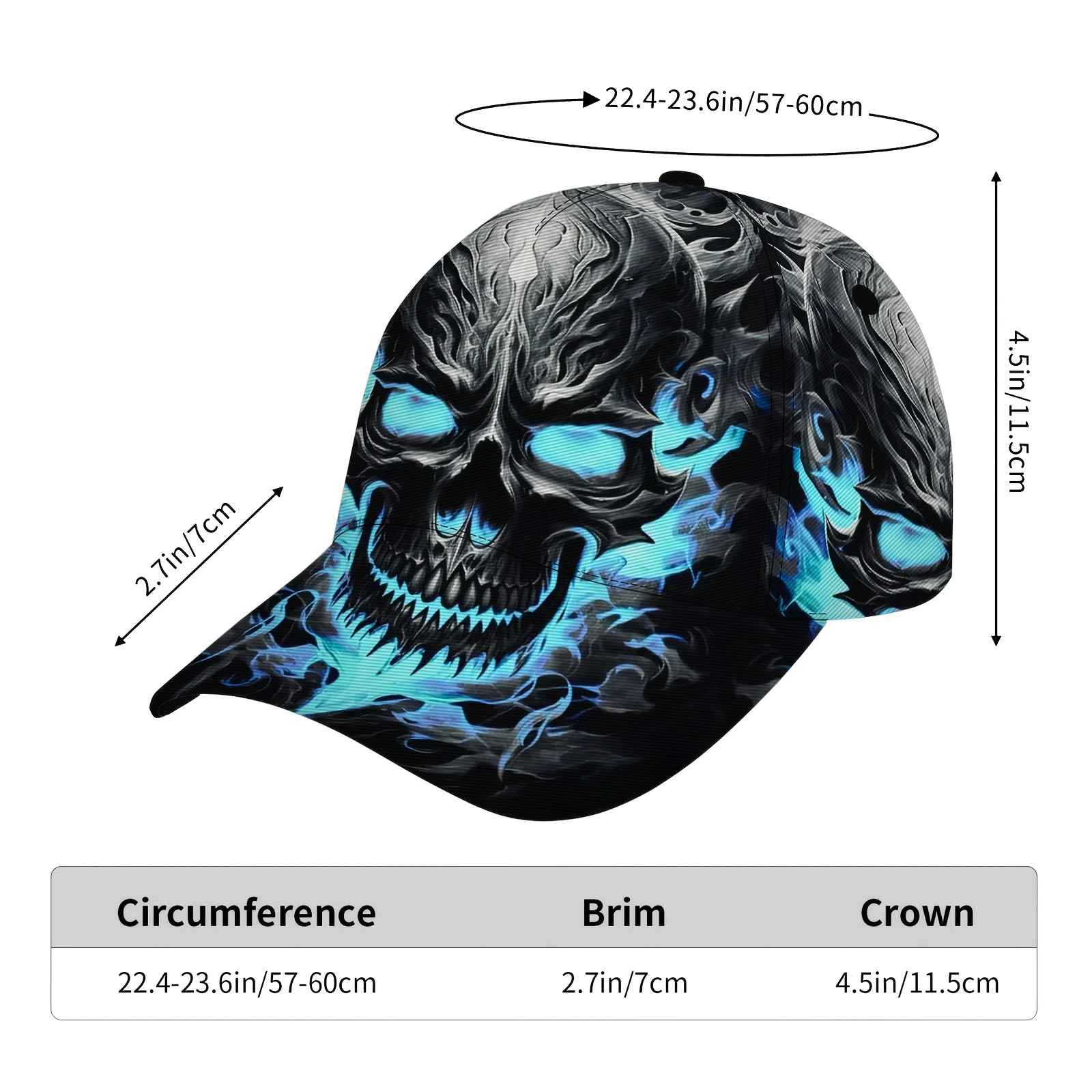 Baseball Cap Blue Flame Skull Graffiti Adjustable Snapback Lightweight Polyester Dome Brim Perfect for Valentine's Day Gifts