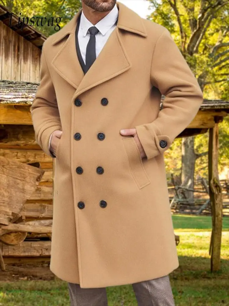 

Деловые повседневные двубортные пальто, мужские винтажные шерстяные длинные куртки с отложным воротником для мужчин, модная верхняя одежда на осень-зиму