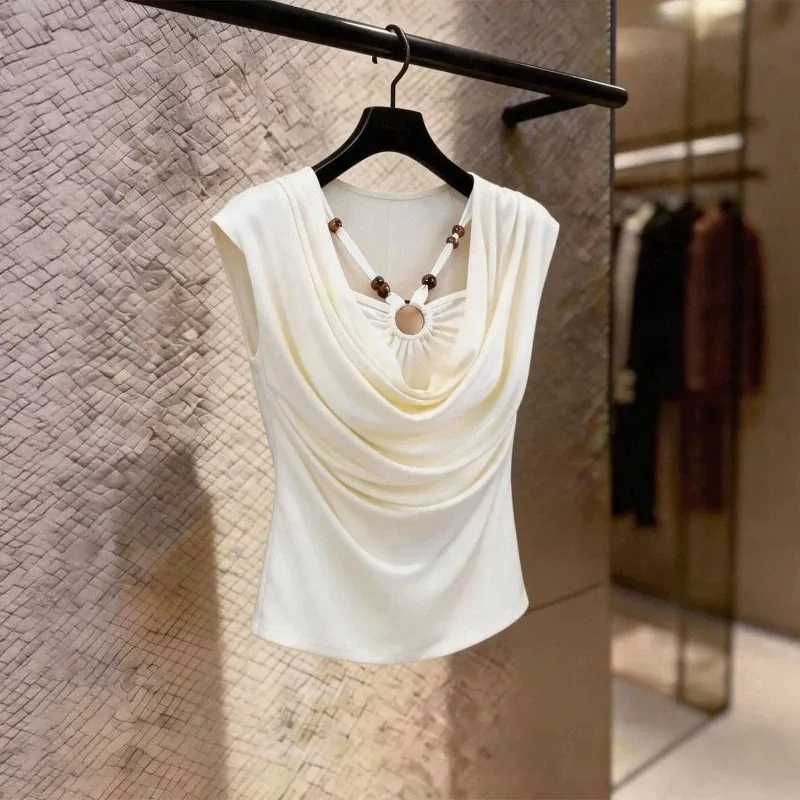 Elegant White Cowl Draped Sleeveless Top Women Beaded Halter Strap Slim Blouse Office Commuter Uched Vest Summer Lady T-shirt