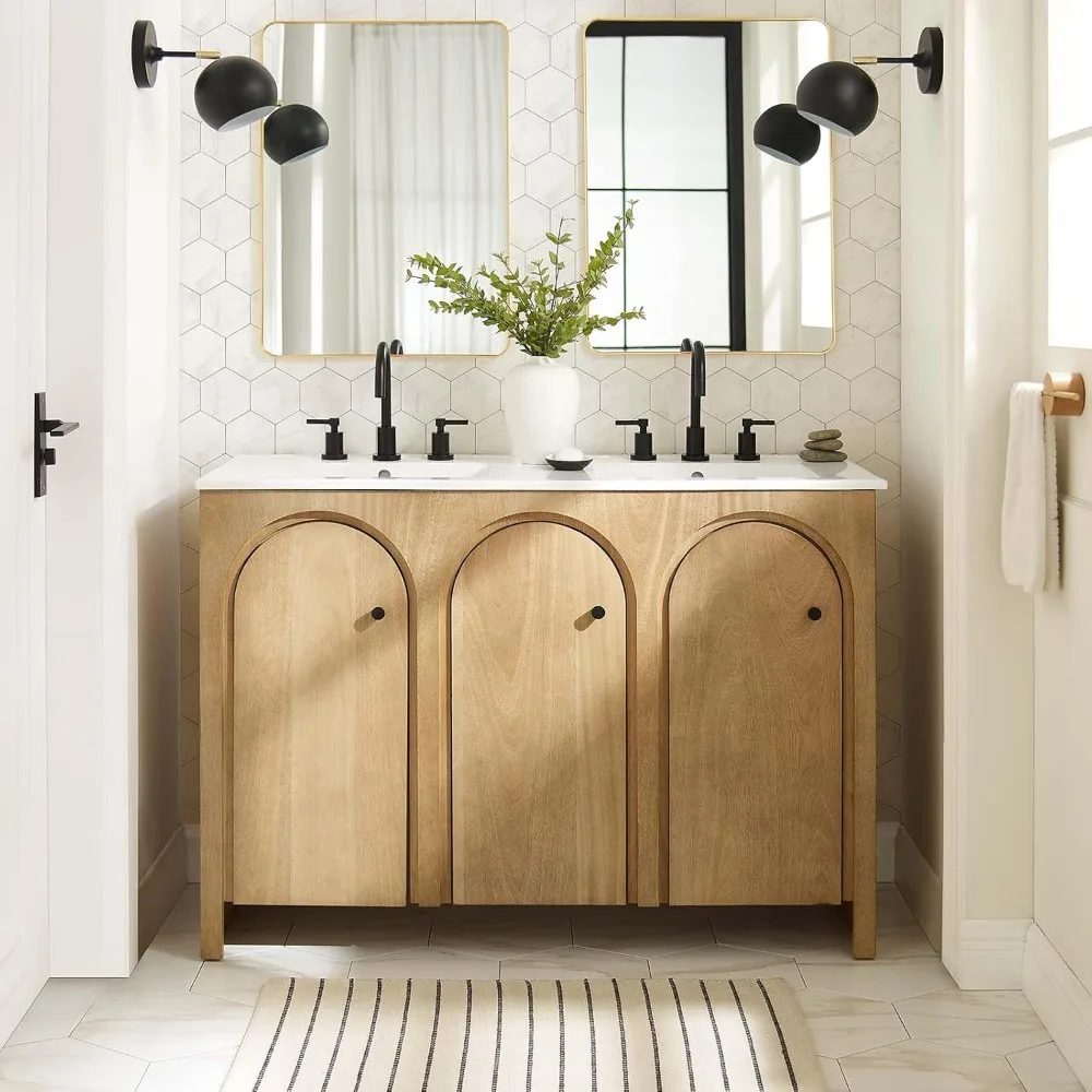 

48" Bathroom Sink Oak with Wood Veneer, Arched Doors, Vanity Storage Cabinet with Adjustable Shelves