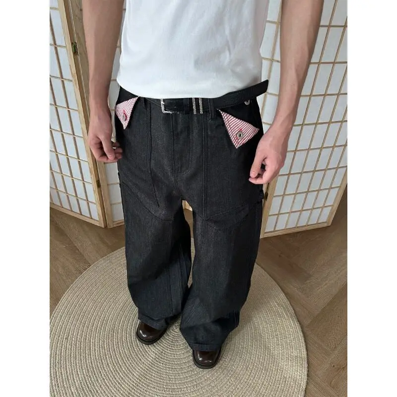 Men's Flip Up Design Pocket Black Jeans Street Boys Bottom Casual Pants Wide Legs Sweatpants Male High Waist Unisex Trousers