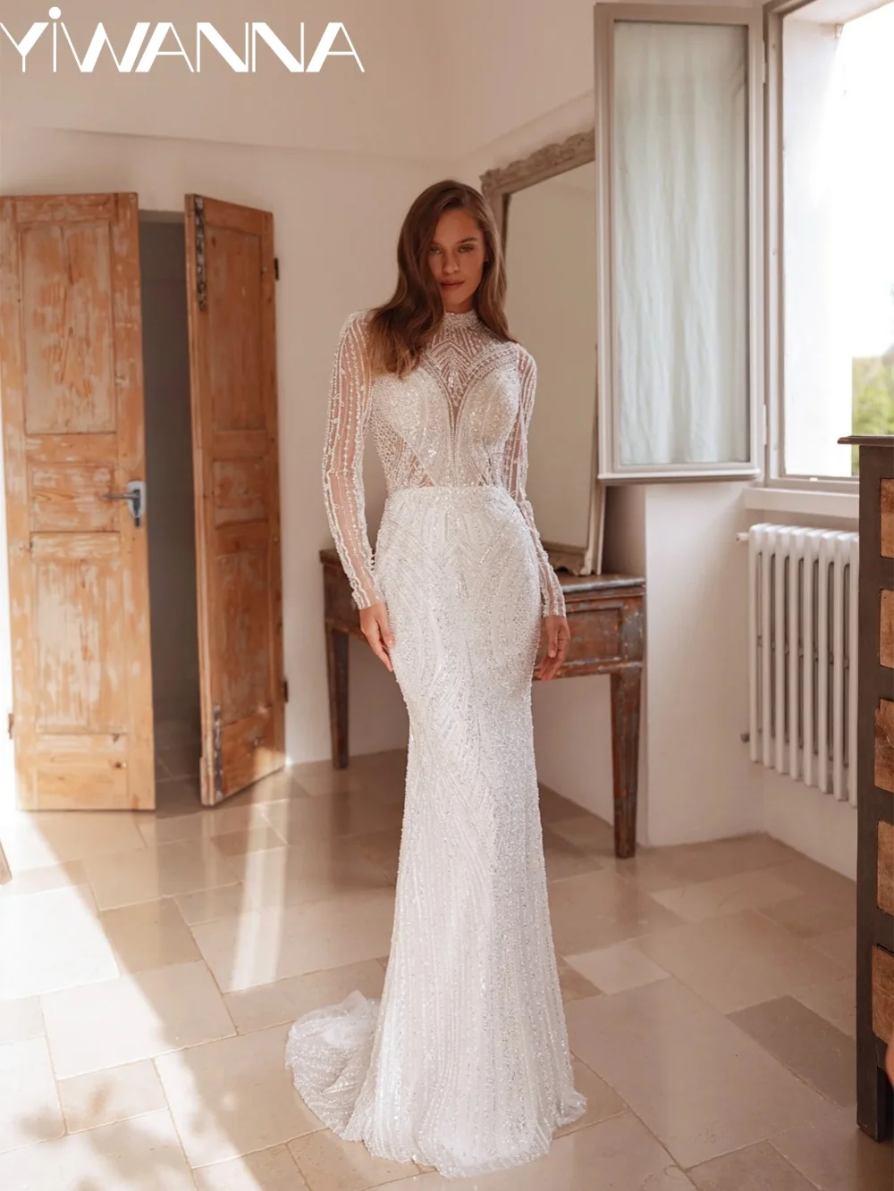 

Изысканное свадебное платье с блестящими бусинами, скромное, с высоким воротником и длинными рукавами, на заказ, элегантное платье-русалка для невесты