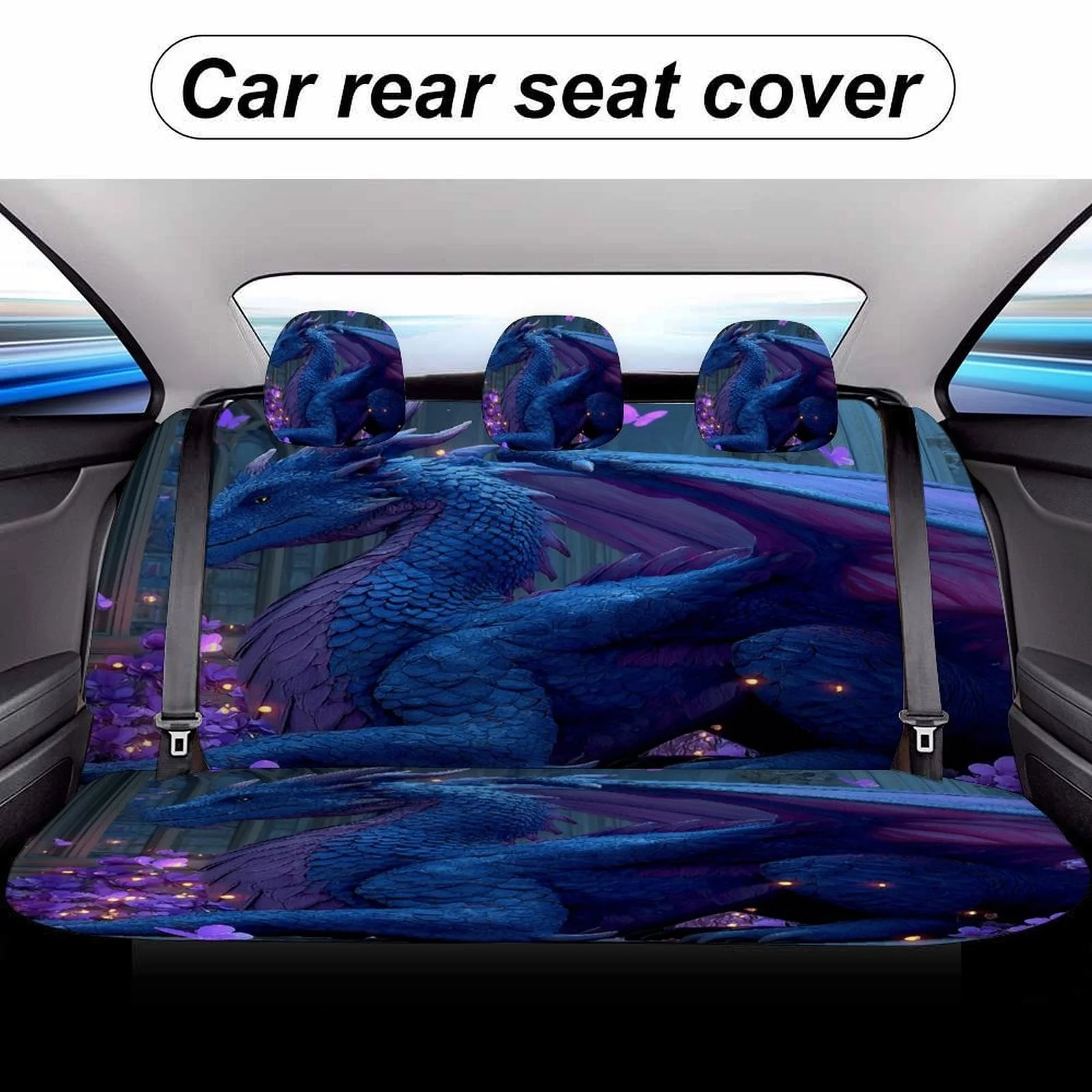Set Of Car Seat Covers Featuring A Dragon And Moonlight Theme, Suitable For Various Vehicles. Stylish And Durable, This Complete