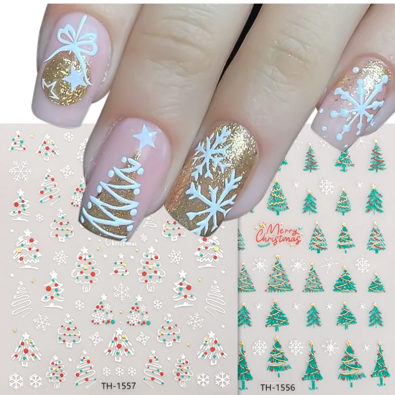 DIY Christmas Nail Stickers 3D Gold Glitter Christmas Tree Santa Claus Adhesive Nail Decals Decorations Press On Nails