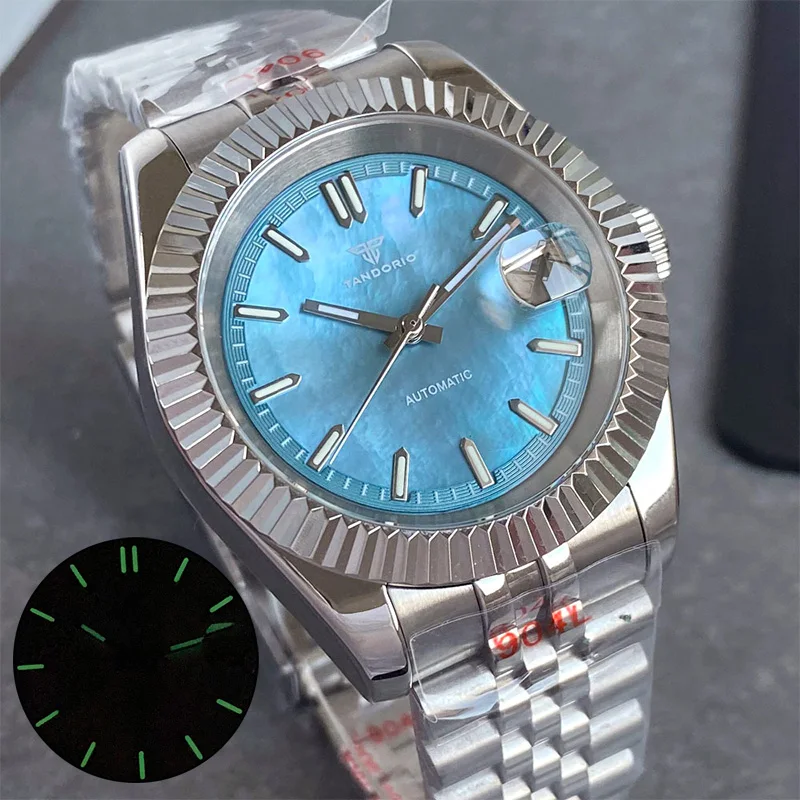 NH35A Tandorio 39mm DJ Mother of Pearl Dial Sapphire Diver Mechanical Watch for Men Steel Bracelet 20ATM Glass Back green lume