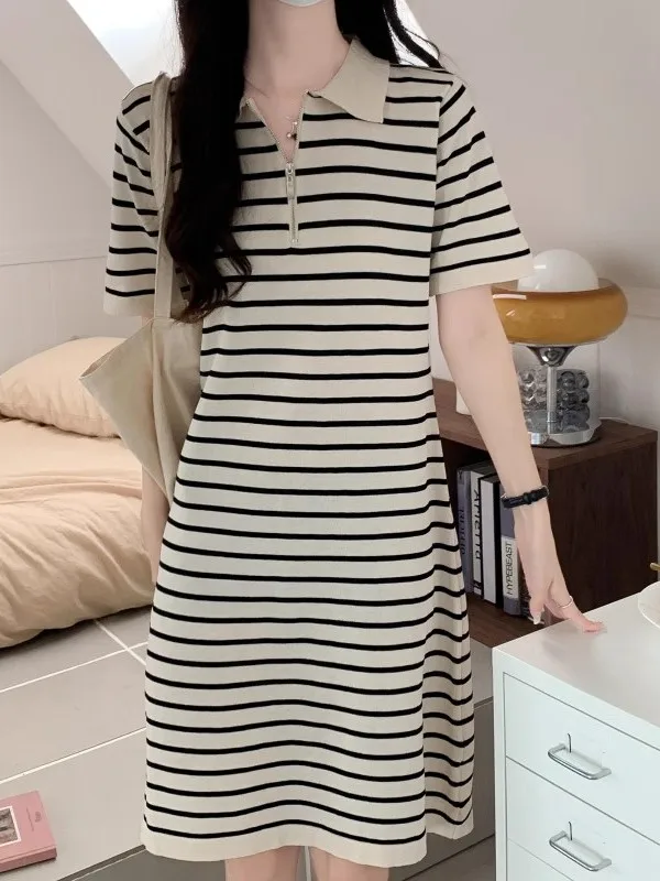 

Летний новый модный полосатый вязаный свитер Dr ort Sve, универсальная трикотажная юбка средней длины, свободный крой с воротником