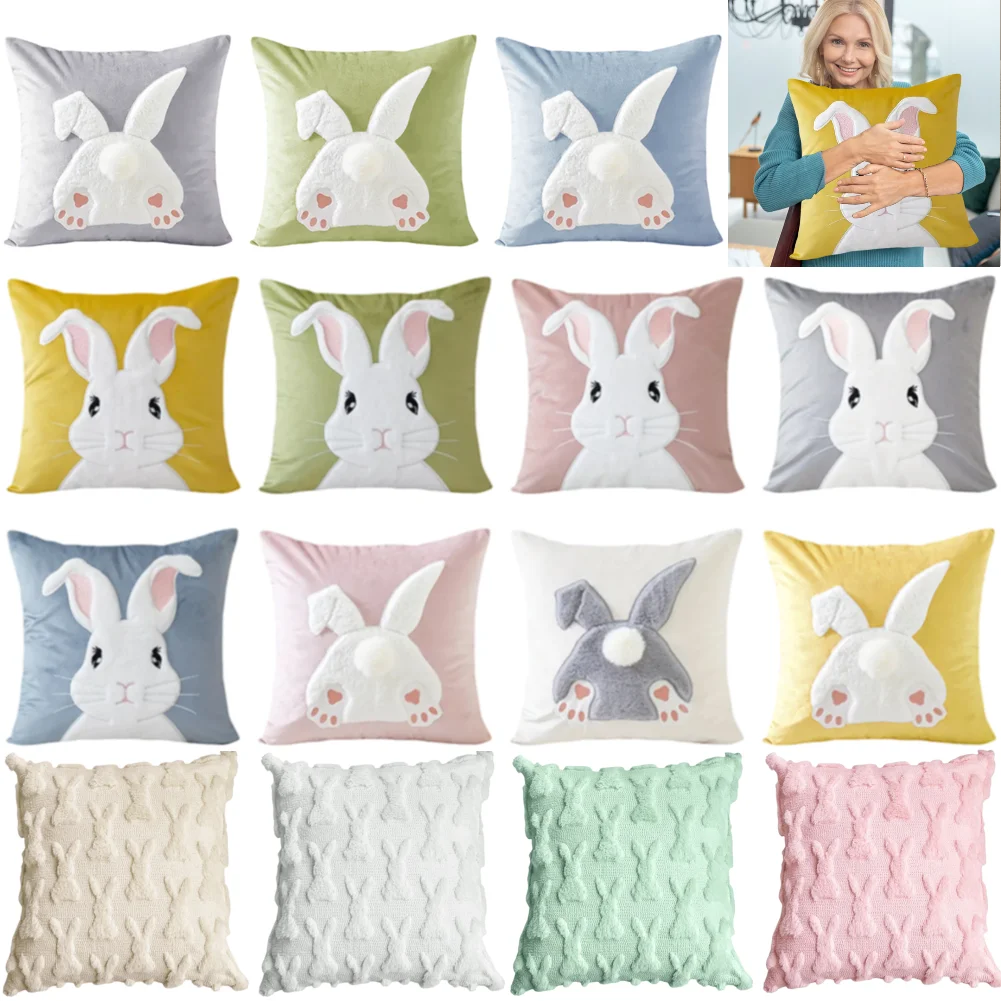 Easter Bunny Pillow Cover 45x45cm Plush Rabbit Pillow Case Happy Easter Decoration Pillowcase for Home Decor Sofa Cushion Cover