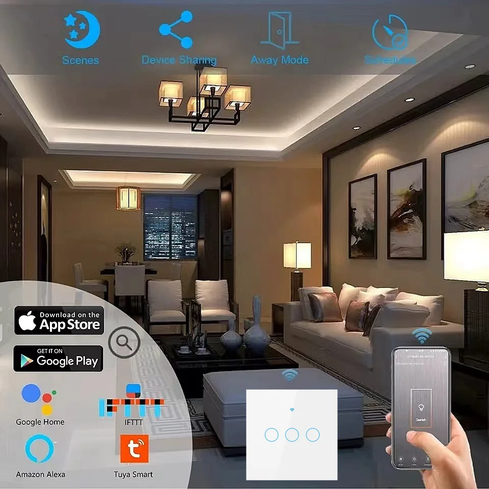 Tuya WiFi Touch Smart Switch Light senza filo neutro parete in vetro EU 110V-220V On Off 1/2/3/4 Gang per Alexa Google