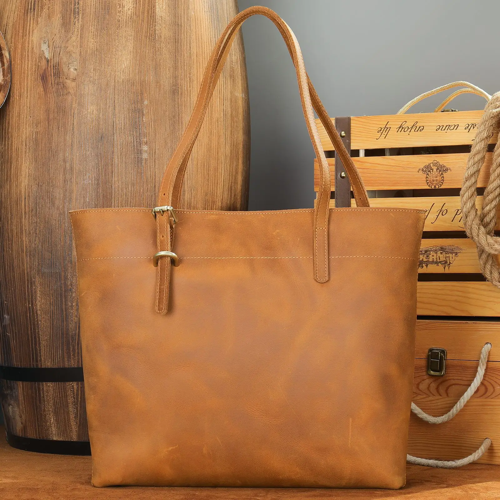 

Crazy Horse Leather Tote Bag for Men Vintage Large Capacity Commuting Shoulder Bag Unisex Work Briefcase