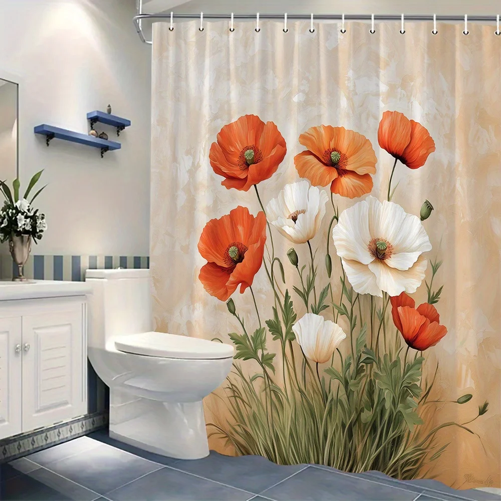 Botanical Floral Shower Curtain Liner Waterproof Bathroom Decor Poppy Flower Art Print Modern Aesthetic Shower Curtain Wall