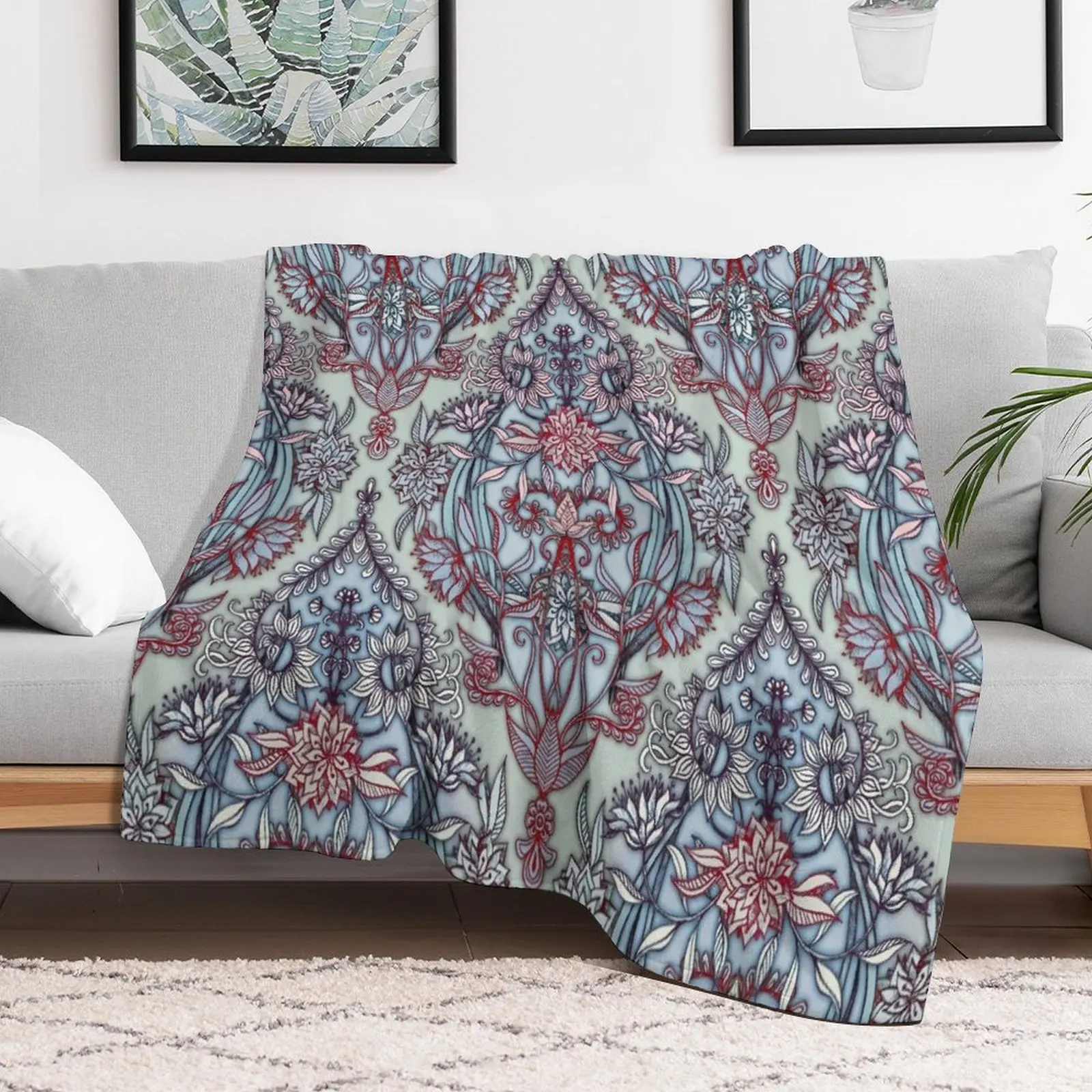 Botanical Moroccan Doodle Pattern in Navy Blue, Red & Grey Throw Blanket Decorative Sofas Plush Quilt Blankets