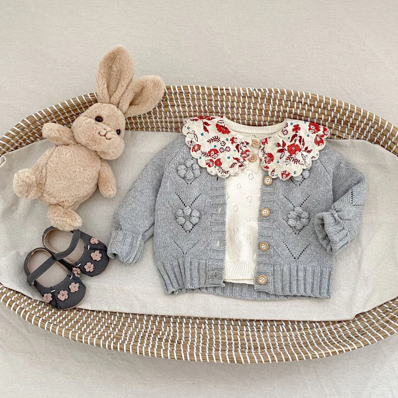 2025 Autumn New Baby Girl Treasure Carved Empty Hand Hook Ball Knitted Sweater Jacket