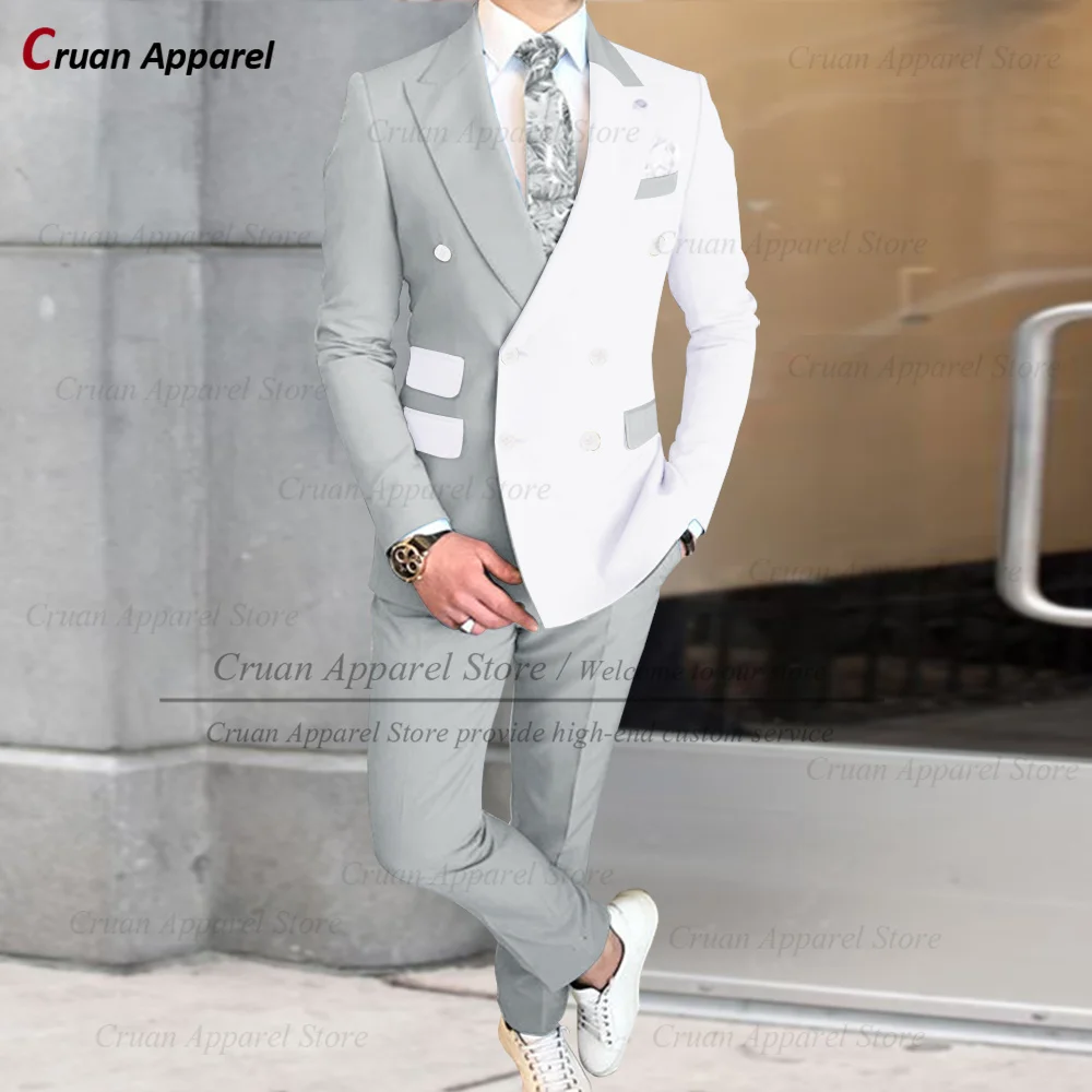 

Elegant Men Suit Sets Fashion Male Tailor-made Slim Fit White Splicing Outfits Classic Double Breasted Blazer Pants 2 Pieces