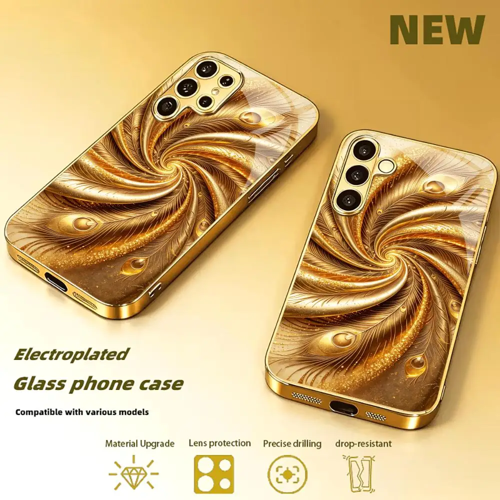 Golden peacock feathers Electroplated Glass TPU phone case for Samsung Galaxy S26 S25 S24 S23 S22 S21FE,Ultra,Plus Dropresistant