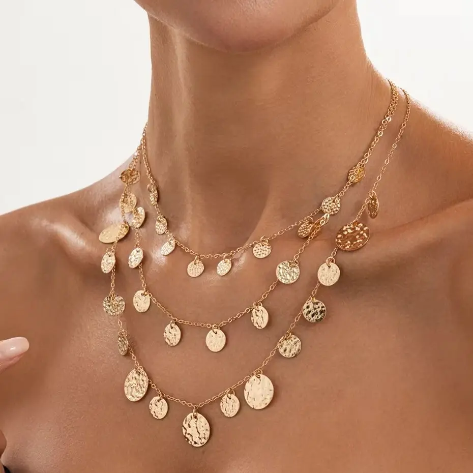 IngeSight.Z 3Pcs/Set Trendy Creative Texture Geometry Round Pendant Necklace Women Punk Metal Adjustable Chain Party Jewelry New