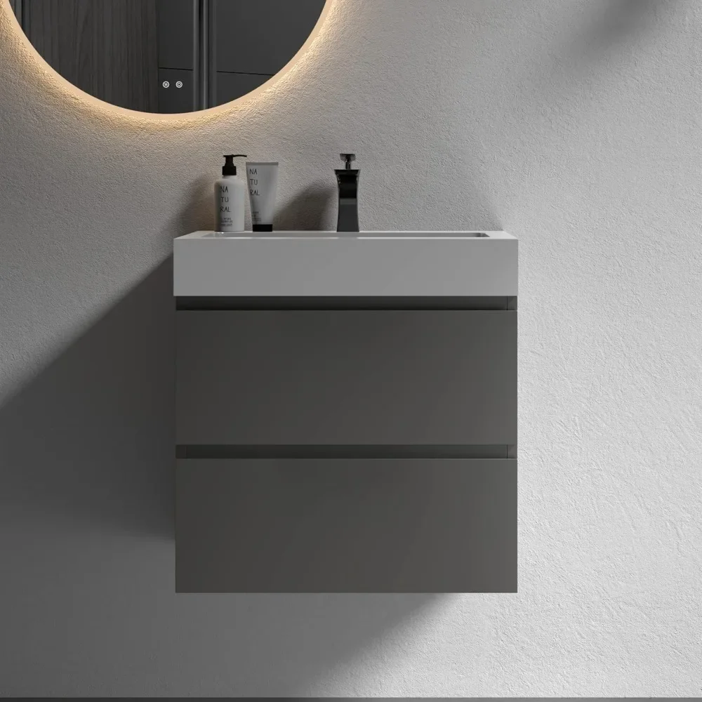 24 Inch Bathroom Vanity with Sink, Large Storage Wall Mounted Floating Bathroom Vanity, One-Piece Sink Basin Minimalist