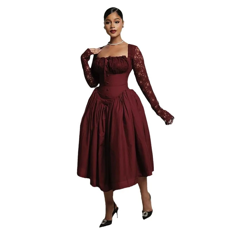 مزاجه فستان الأميرة الأنيق المرأة بلون انظر من خلال الدانتيل كم طويل فستان الحفلات الإناث مأدبة مساء Vestidos #5