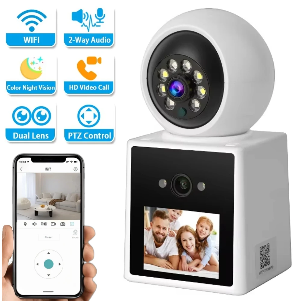 Câmeras de vigilância doméstica com tela de 2,4 polegadas, lente dupla, chamada de vídeo bidirecional, webcam, câmera de segurança wi-fi, 360 ptz, monitor de bebê