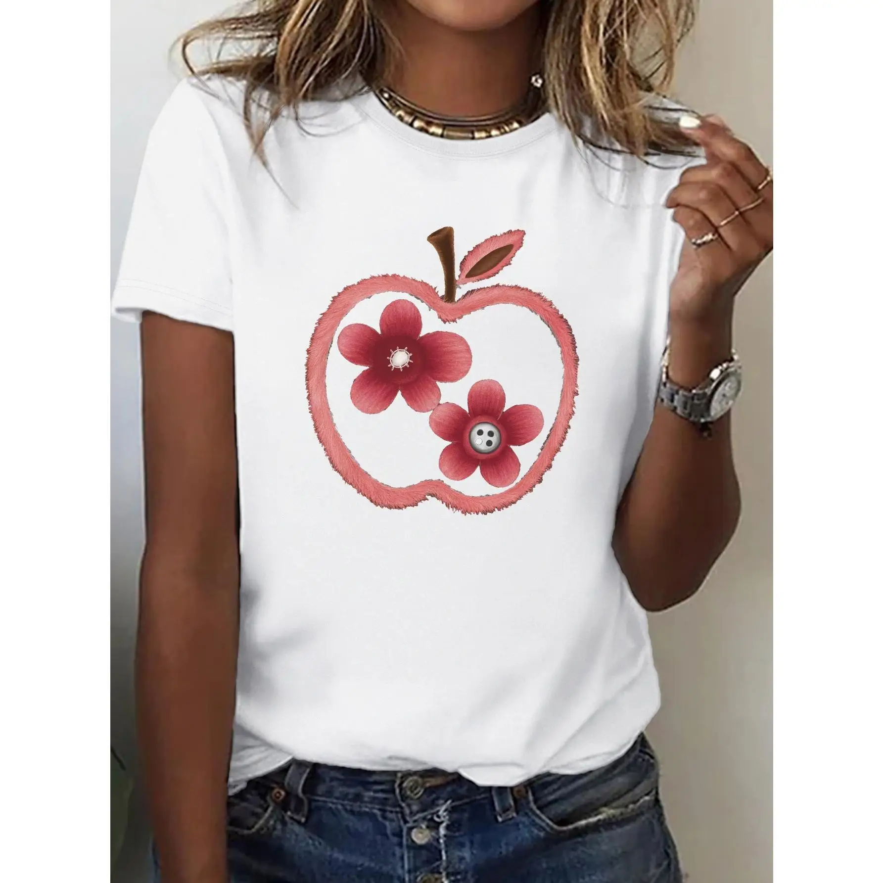 

Women'S Soft T-Shirt with Artistic Apple & Flower Design, Comfort Fit, Short Sleeve, Round Neck, Casual Style, Machine Washable