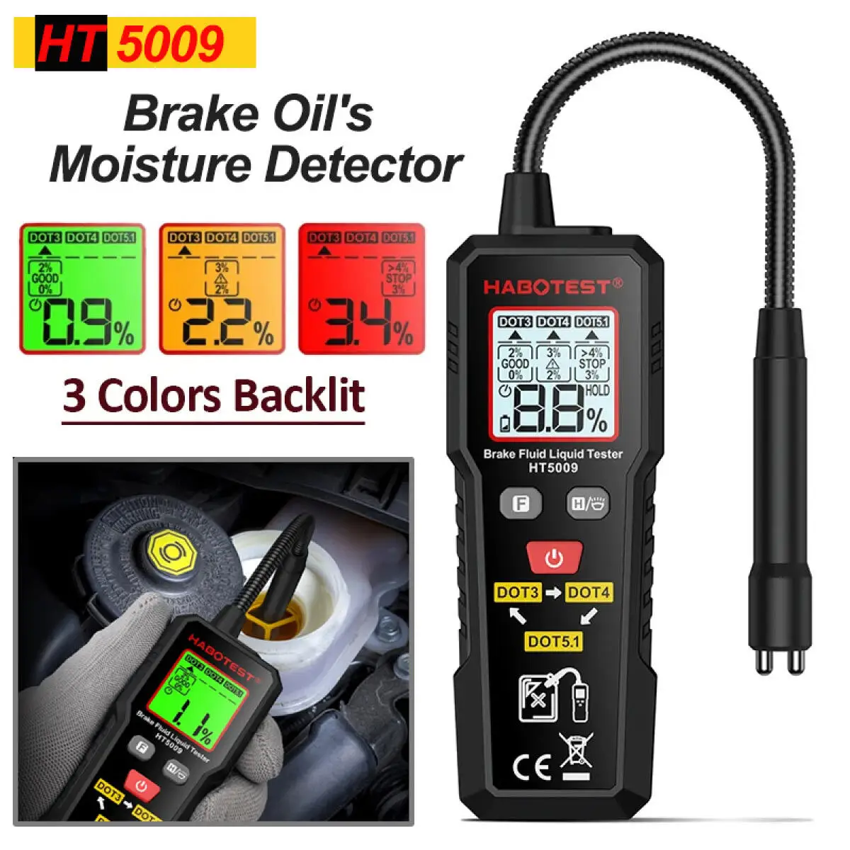 HT5009 Digital Auto Brake Liquid Oil Detector High Precision Hydraulic Oil Moisture Analyzer with Backlight for DOT3/DOT4/DOT5.1