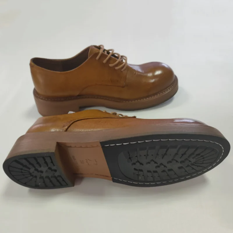 Washed Horse Hide Derby Shoes Women Retro Flat Bottom Genuine Leather Lace Up Single Boots Outdoor Walking Autumn Winter New