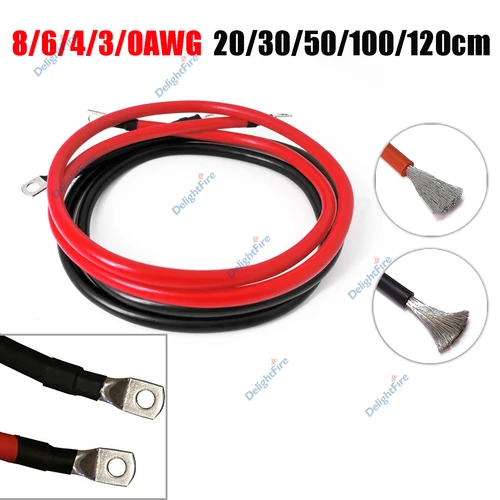 Cable de batería 8 6 4 3 0 AWG con anillos de terminal M6 M8 M10 Cable de silicona rojo y negro para inversor de energía Solar automotriz barco marino RV