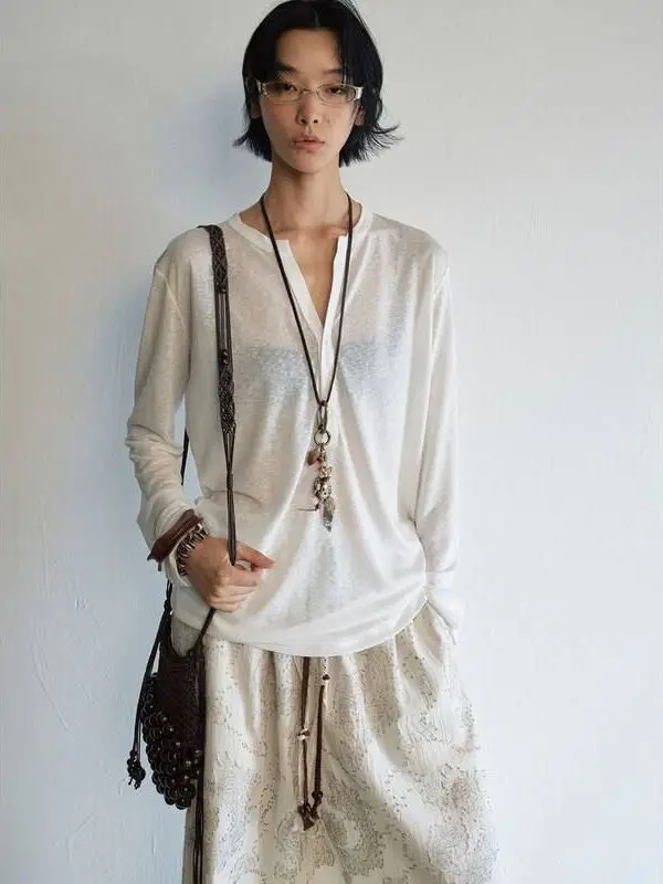 

Оригинальный топ ранней осени с цветочным принтом Antung Henry Collar V920, облегающая длинная женская футболка средней длины, однотонная